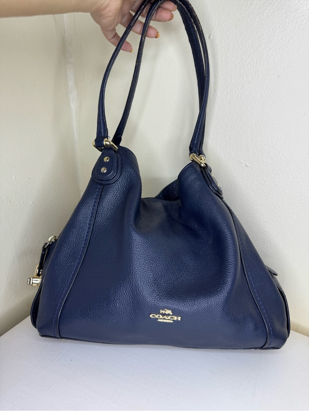 Coach Eddie Navy Pebbled Leather Hobo Shoulder Bag with Gold Hardware